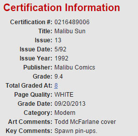 Malibu Sun #13 CGC Certification